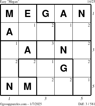 The grouppuzzles.com Easy Megan puzzle for Tuesday January 7, 2025 with all 3 steps marked