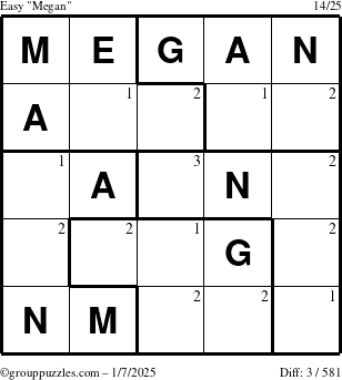 The grouppuzzles.com Easy Megan puzzle for Tuesday January 7, 2025 with the first 3 steps marked