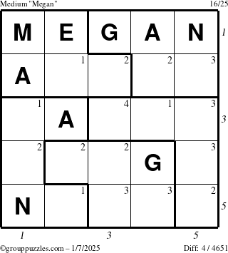 The grouppuzzles.com Medium Megan puzzle for Tuesday January 7, 2025 with all 4 steps marked