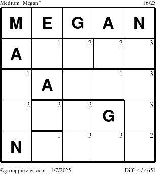 The grouppuzzles.com Medium Megan puzzle for Tuesday January 7, 2025 with the first 3 steps marked