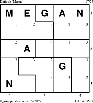 The grouppuzzles.com Difficult Megan puzzle for Tuesday January 7, 2025 with all 4 steps marked