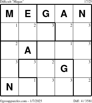 The grouppuzzles.com Difficult Megan puzzle for Tuesday January 7, 2025 with the first 3 steps marked