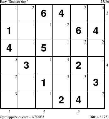 The grouppuzzles.com Easy Sudoku-6up puzzle for Tuesday January 7, 2025 with all 4 steps marked