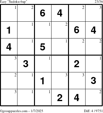 The grouppuzzles.com Easy Sudoku-6up puzzle for Tuesday January 7, 2025 with the first 3 steps marked