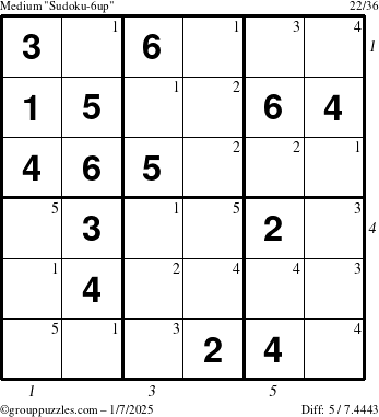 The grouppuzzles.com Medium Sudoku-6up puzzle for Tuesday January 7, 2025, suitable for printing, with all 5 steps marked