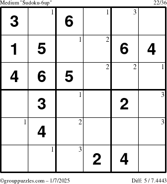 The grouppuzzles.com Medium Sudoku-6up puzzle for Tuesday January 7, 2025 with the first 3 steps marked