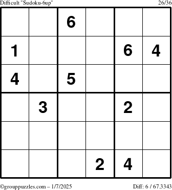 The grouppuzzles.com Difficult Sudoku-6up puzzle for Tuesday January 7, 2025