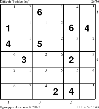 The grouppuzzles.com Difficult Sudoku-6up puzzle for Tuesday January 7, 2025 with all 6 steps marked