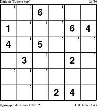 The grouppuzzles.com Difficult Sudoku-6up puzzle for Tuesday January 7, 2025 with the first 3 steps marked