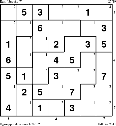 The grouppuzzles.com Easy Sudoku-7 puzzle for Tuesday January 7, 2025 with all 4 steps marked