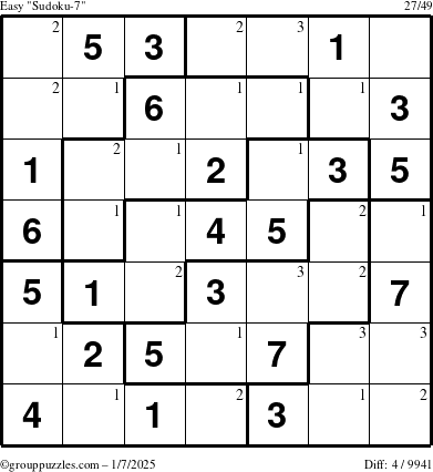 The grouppuzzles.com Easy Sudoku-7 puzzle for Tuesday January 7, 2025 with the first 3 steps marked