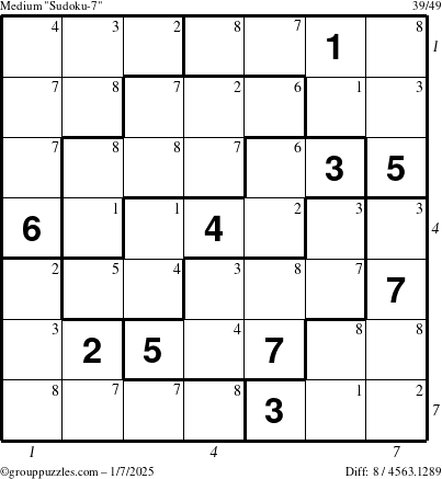 The grouppuzzles.com Medium Sudoku-7 puzzle for Tuesday January 7, 2025, suitable for printing, with all 8 steps marked