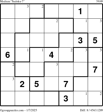 The grouppuzzles.com Medium Sudoku-7 puzzle for Tuesday January 7, 2025 with the first 3 steps marked