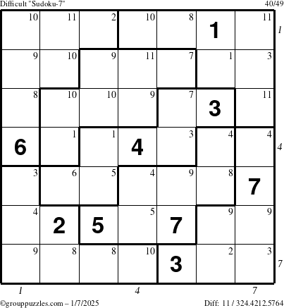 The grouppuzzles.com Difficult Sudoku-7 puzzle for Tuesday January 7, 2025 with all 11 steps marked