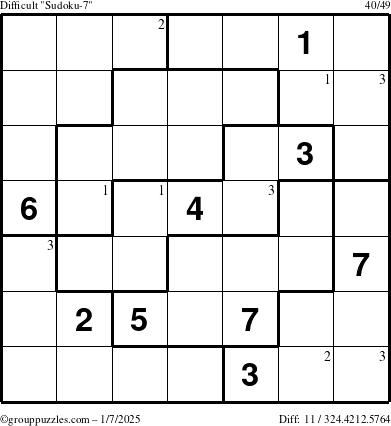 The grouppuzzles.com Difficult Sudoku-7 puzzle for Tuesday January 7, 2025 with the first 3 steps marked