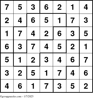 The grouppuzzles.com Answer grid for the Sudoku-7 puzzle for Tuesday January 7, 2025