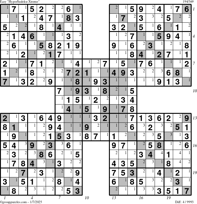 The grouppuzzles.com Easy HyperSudoku-Xtreme puzzle for Tuesday January 7, 2025 with all 4 steps marked