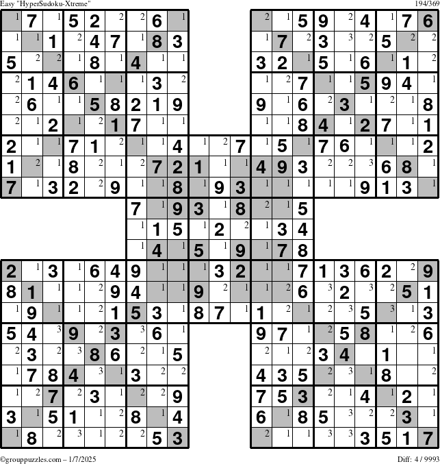 The grouppuzzles.com Easy HyperSudoku-Xtreme puzzle for Tuesday January 7, 2025 with the first 3 steps marked