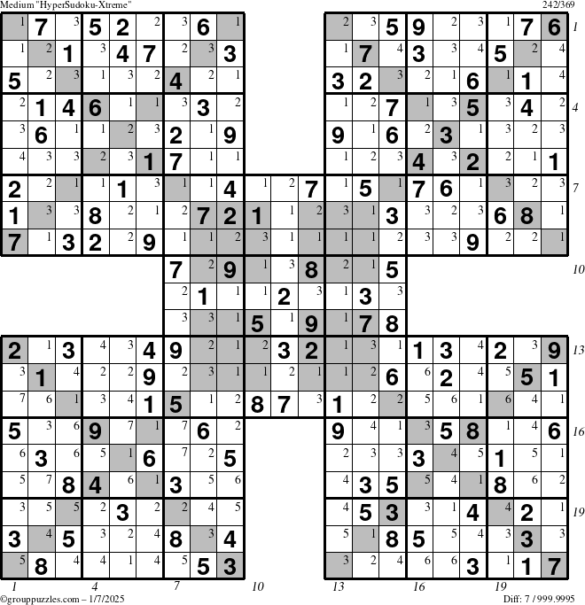 The grouppuzzles.com Medium HyperSudoku-Xtreme puzzle for Tuesday January 7, 2025, suitable for printing, with all 7 steps marked