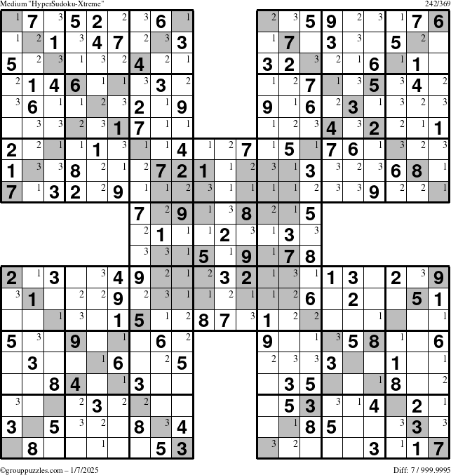 The grouppuzzles.com Medium HyperSudoku-Xtreme puzzle for Tuesday January 7, 2025 with the first 3 steps marked