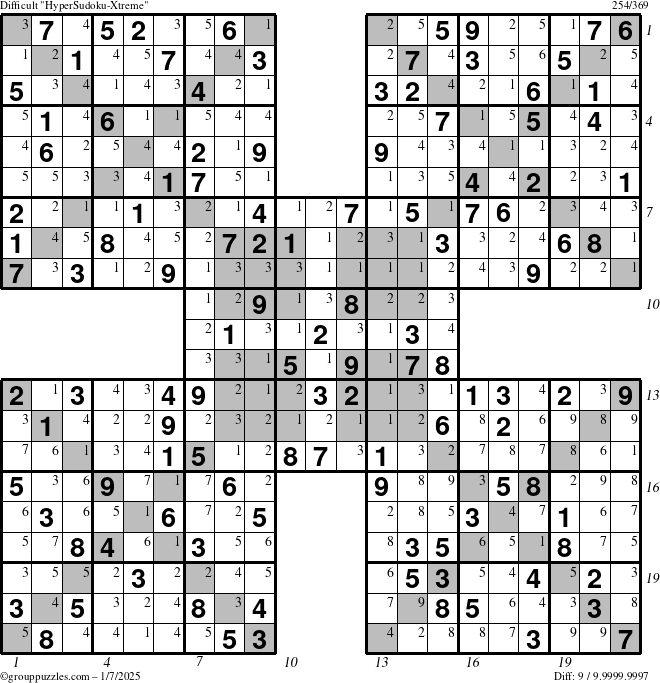 The grouppuzzles.com Difficult HyperSudoku-Xtreme puzzle for Tuesday January 7, 2025 with all 9 steps marked