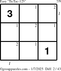 The grouppuzzles.com Easy TicTac-123 puzzle for Tuesday January 7, 2025 with all 2 steps marked