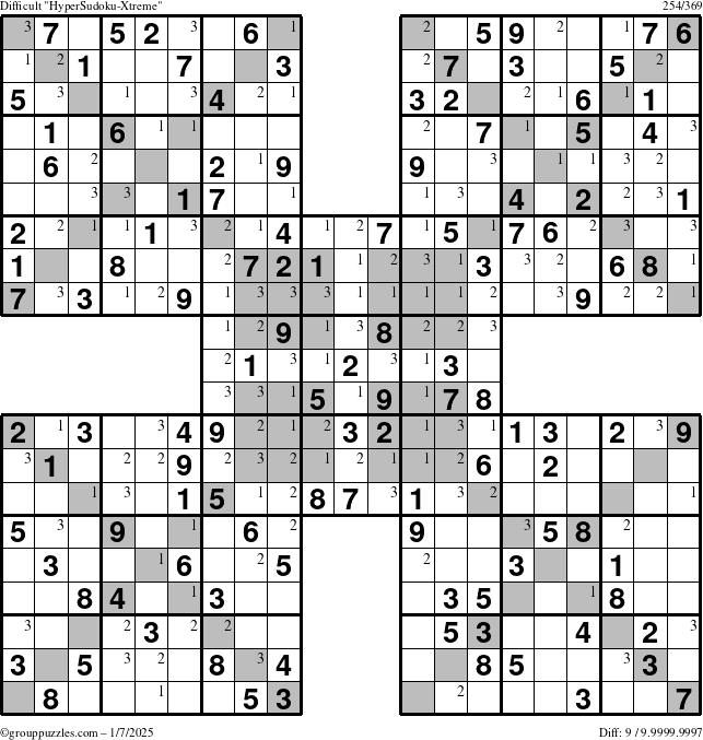 The grouppuzzles.com Difficult HyperSudoku-Xtreme puzzle for Tuesday January 7, 2025 with the first 3 steps marked