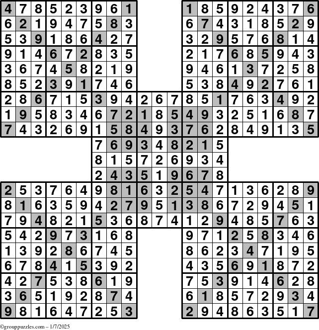 The grouppuzzles.com Answer grid for the HyperSudoku-Xtreme puzzle for Tuesday January 7, 2025