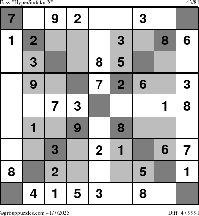 The grouppuzzles.com Easy HyperSudoku-X puzzle for Tuesday January 7, 2025