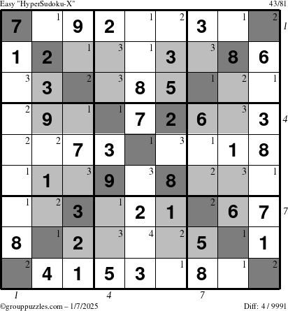 The grouppuzzles.com Easy HyperSudoku-X puzzle for Tuesday January 7, 2025, suitable for printing, with all 4 steps marked