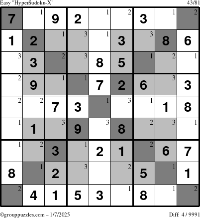 The grouppuzzles.com Easy HyperSudoku-X puzzle for Tuesday January 7, 2025 with the first 3 steps marked