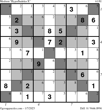 The grouppuzzles.com Medium HyperSudoku-X puzzle for Tuesday January 7, 2025 with all 8 steps marked