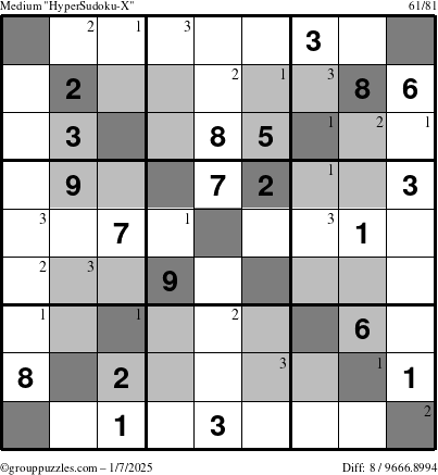 The grouppuzzles.com Medium HyperSudoku-X puzzle for Tuesday January 7, 2025 with the first 3 steps marked