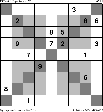 The grouppuzzles.com Difficult HyperSudoku-X puzzle for Tuesday January 7, 2025