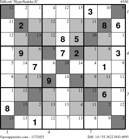 The grouppuzzles.com Difficult HyperSudoku-X puzzle for Tuesday January 7, 2025, suitable for printing, with all 14 steps marked