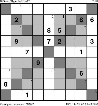 The grouppuzzles.com Difficult HyperSudoku-X puzzle for Tuesday January 7, 2025 with the first 3 steps marked