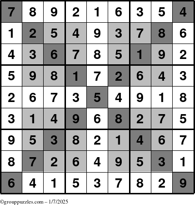 The grouppuzzles.com Answer grid for the HyperSudoku-X puzzle for Tuesday January 7, 2025