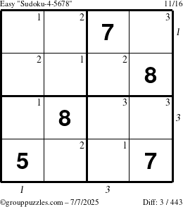 The grouppuzzles.com Easy Sudoku-4-5678 puzzle for Monday July 7, 2025, suitable for printing, with all 3 steps marked