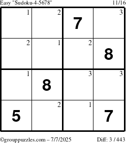 The grouppuzzles.com Easy Sudoku-4-5678 puzzle for Monday July 7, 2025 with the first 3 steps marked