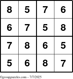 The grouppuzzles.com Answer grid for the Sudoku-4-5678 puzzle for Monday July 7, 2025