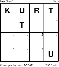 The grouppuzzles.com Easy Kurt puzzle for Monday July 7, 2025 with the first 3 steps marked