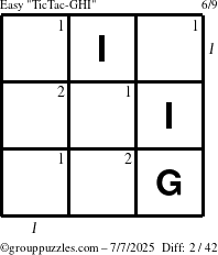 The grouppuzzles.com Easy TicTac-GHI puzzle for Monday July 7, 2025 with all 2 steps marked