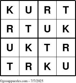 The grouppuzzles.com Answer grid for the Kurt puzzle for Monday July 7, 2025