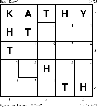 The grouppuzzles.com Easy Kathy puzzle for Monday July 7, 2025 with all 4 steps marked