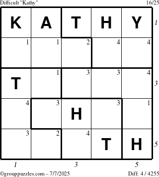 The grouppuzzles.com Difficult Kathy puzzle for Monday July 7, 2025 with all 4 steps marked