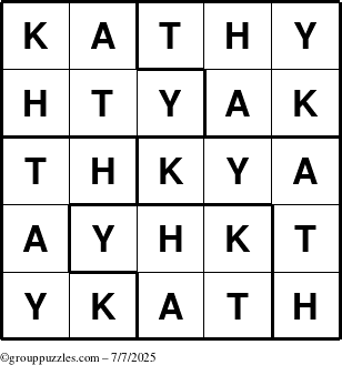 The grouppuzzles.com Answer grid for the Kathy puzzle for Monday July 7, 2025