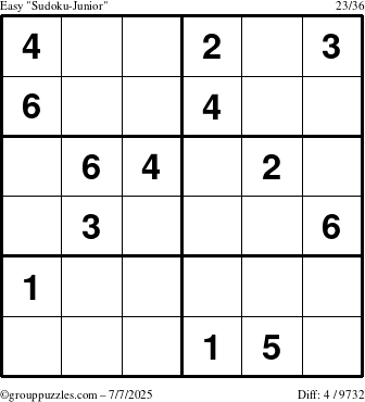 The grouppuzzles.com Easy Sudoku-Junior puzzle for Monday July 7, 2025