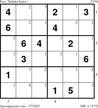 The grouppuzzles.com Easy Sudoku-Junior puzzle for Monday July 7, 2025 with all 4 steps marked