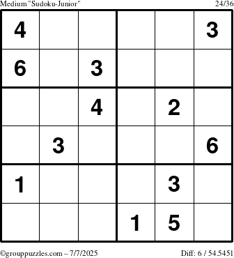 The grouppuzzles.com Medium Sudoku-Junior puzzle for Monday July 7, 2025