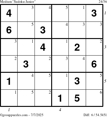 The grouppuzzles.com Medium Sudoku-Junior puzzle for Monday July 7, 2025 with all 6 steps marked